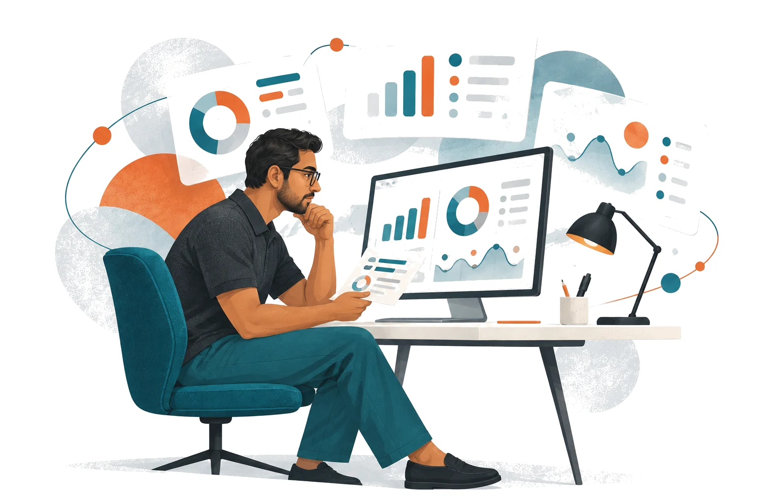 Illustration of an analyst reviewing performance reports