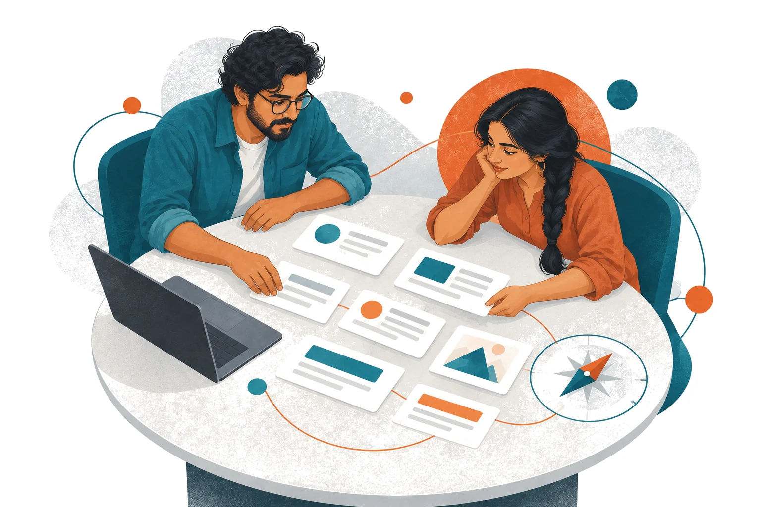 Illustration of two specialists planning an SEO strategy